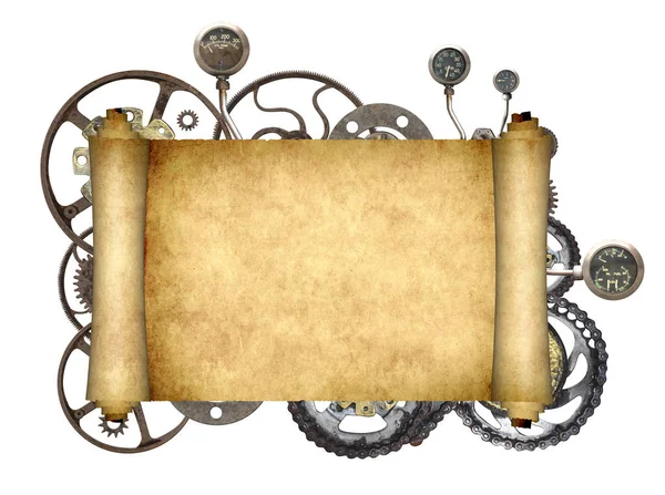 Metallic frame with vintage machine gears, cogwheel and paper sc — Stock Photo, Image