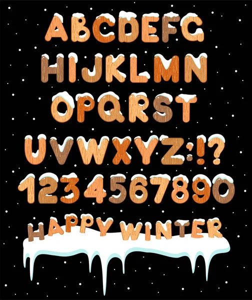 ABC conjunto de letras com textura de madeira e bonés de neve —  Vetores de Stock