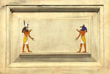 Grunge arkaplanı Mısırlı tanrılarla Anubis ve Horus 'u gösteriyor.