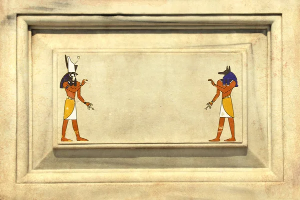 Grunge arkaplanı Mısırlı tanrılarla Anubis ve Horus 'u gösteriyor. — Stok fotoğraf