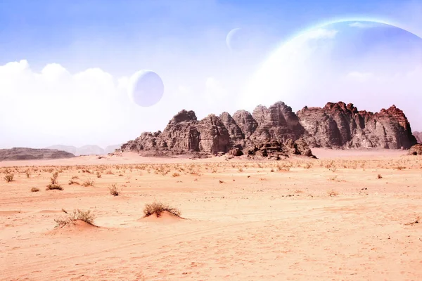 Landschap met zandwoestijn, rotsen en planeten in de lucht — Stockfoto