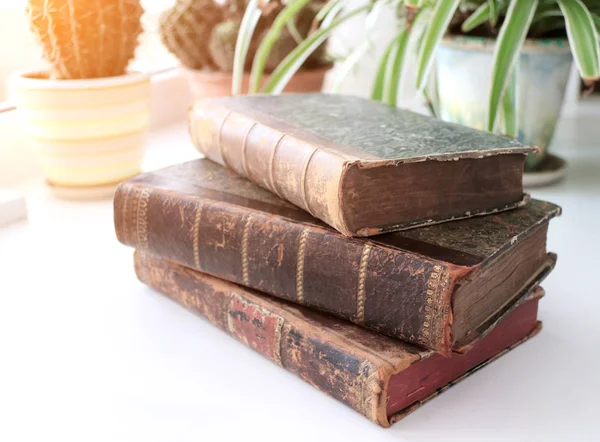 Three vintage books on a windowsill — 스톡 사진