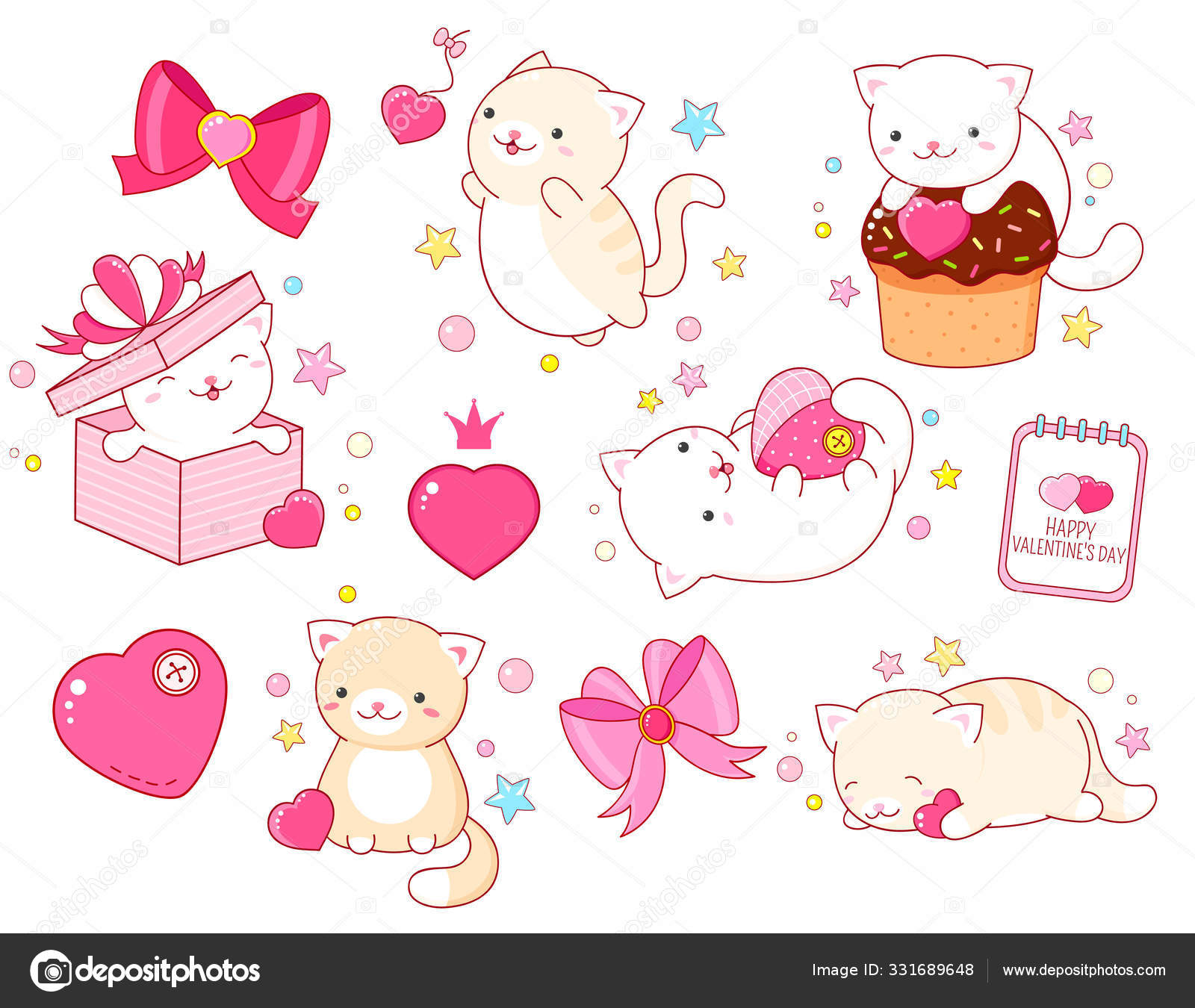 Set of cute Valentine's day stickers with cats in kawaii style Stock Vector  by ©frenta 331689648