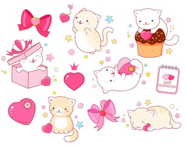Set of cute Valentine's day stickers with cats in kawaii style clipart