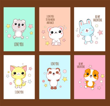 Kawaii Styl 'da içinde hayvanlar olan bir grup şirin Sevgililer Günü çıkartması.