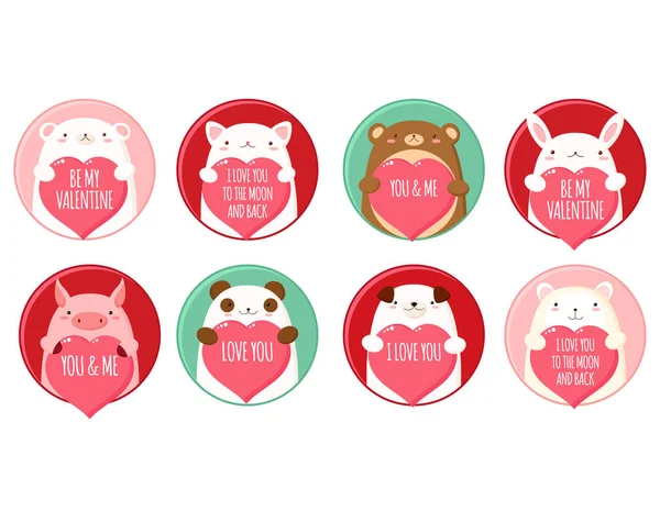 Reihe runder Valentinstags-Ikonen mit niedlichen Tieren — Stockvektor