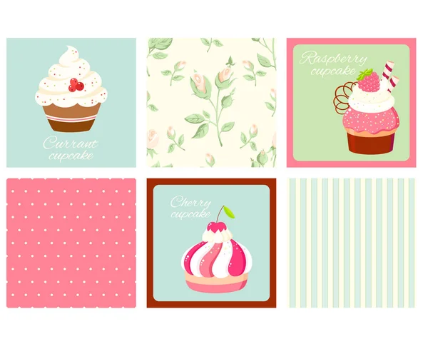 Set of vintage square cards with cupcakes and roses — Stock Vector