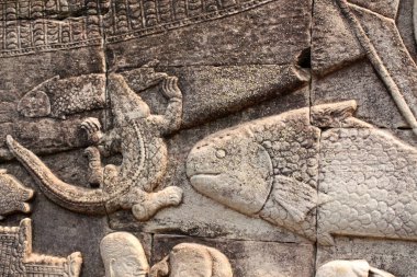 Prasat Bayon Tapınağı 'nın duvar oymacılığı, Angkor Wat, Siem Reap, Camb