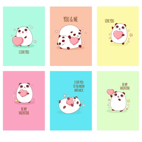 Set de bonitas pegatinas de San Valentín con pandas en estilo kawaii — Vector de stock