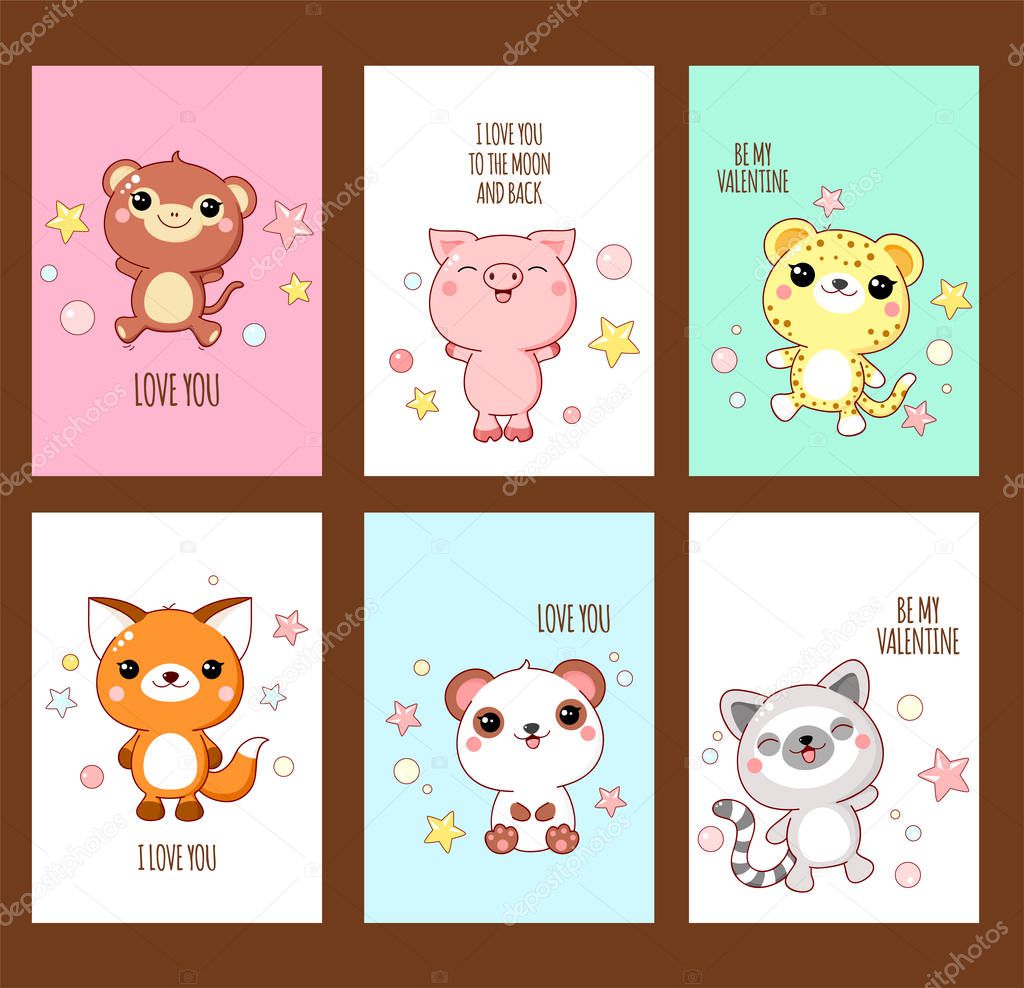 Set of cute Valentine's day stickers with animals in kawaii styl