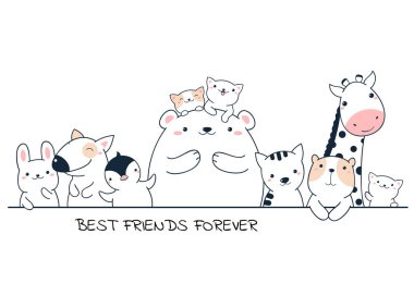 Sonsuza kadar en iyi arkadaş. Sevimli hayvanların olduğu yatay poster 
