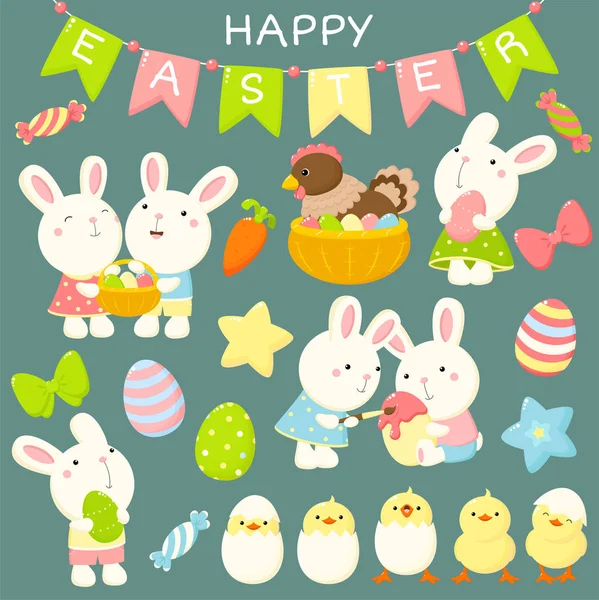 Zestaw słodkich kreskówek Wielkanocne króliki i kurczaki — Wektor stockowy