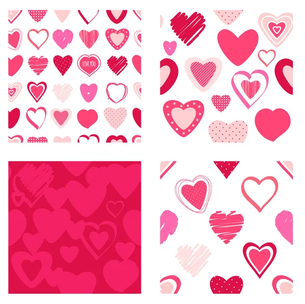Conjunto de patrones sin costura con corazones de San Valentín de color rojo y rosa c — Vector de stock