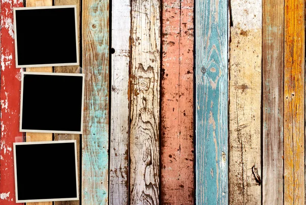 Three Retro Photos Old Wooden Wall Mock Template Copy Space — Stock Photo, Image