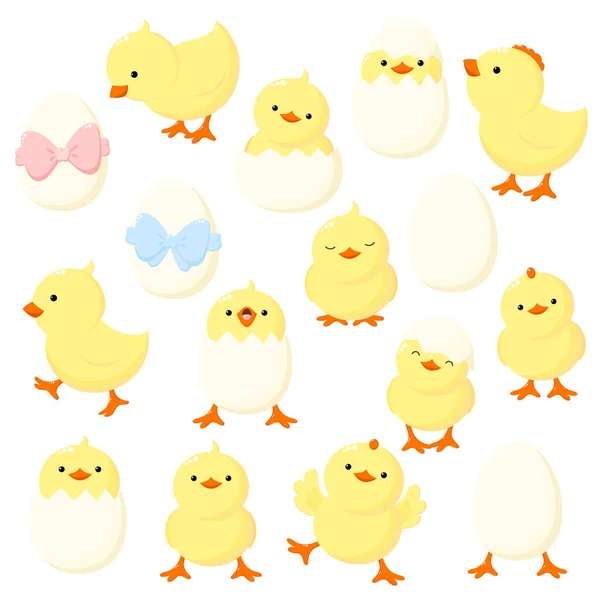 Set Cute Cartoon Chicken Various Poses Isolated White Background Funny — Stock Vector