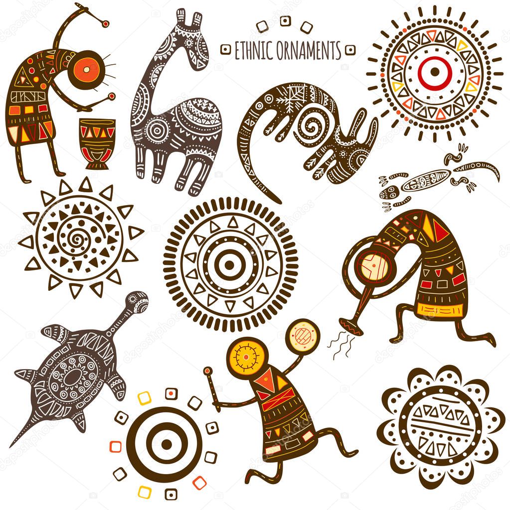 Collection of patterns and African ethnic ornaments with animals and dancing musicians of yellow, orange, black and red color. Isolated on white background. EPS8