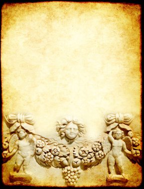 Dikey grunge arka planı, kağıt dokusu, cupidleri ve çiçek çelengi. Uzayı metin için kopyala. Şablonu düzenle