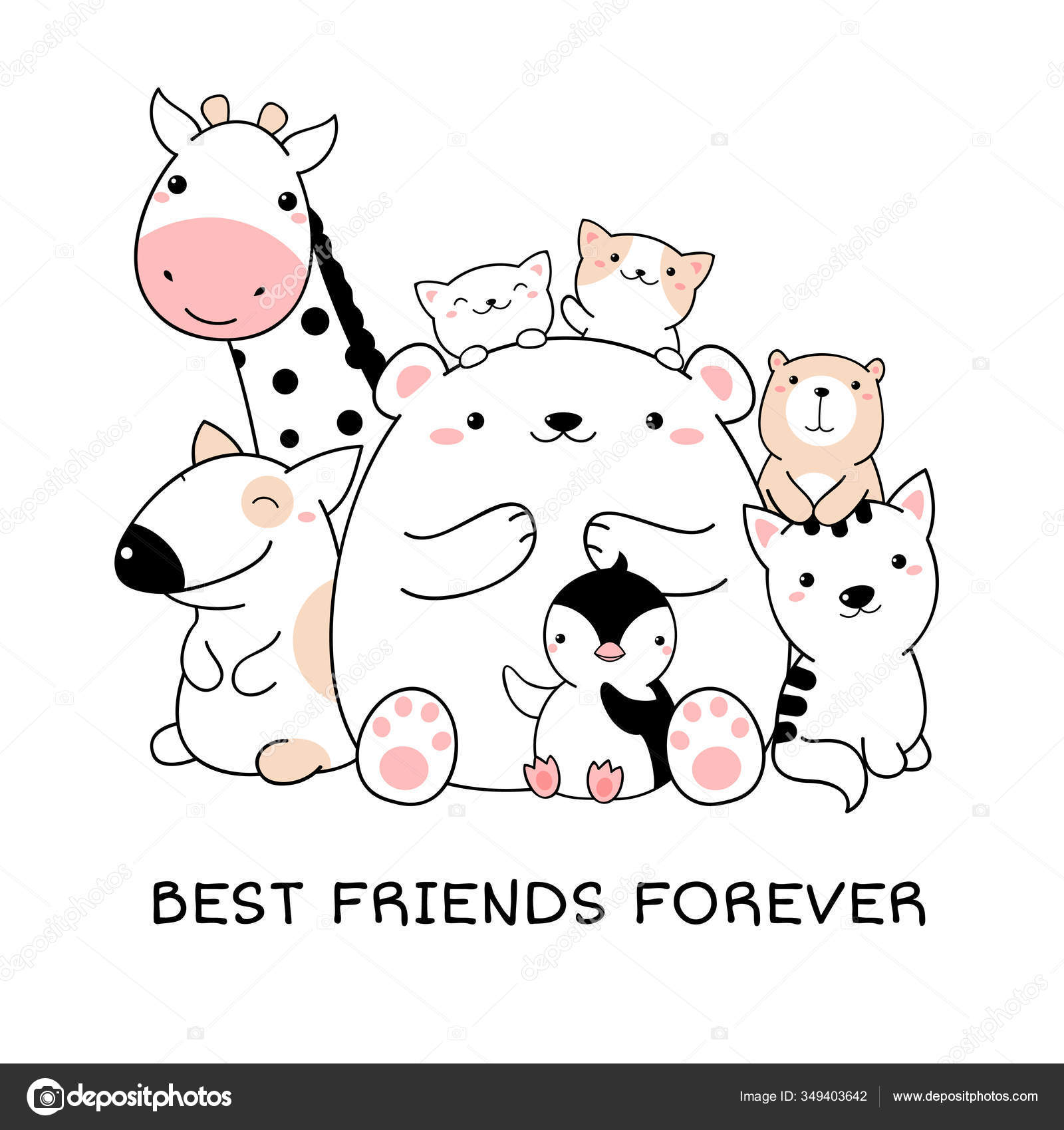 Best Friends Forever Group Cute Animals Kawaii Style Isolated White Stock  Vector Image by ©frenta #349403642