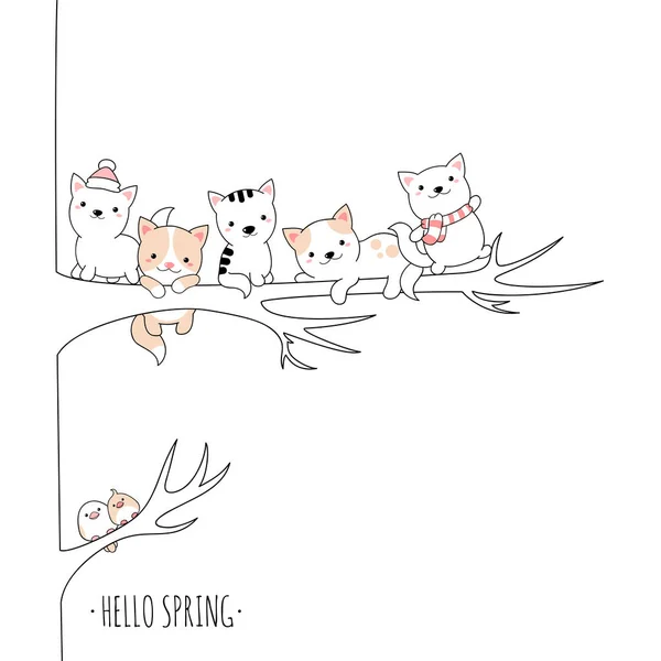 Hello Spring Group Cute Cats Bird Tree Branch Kawaii Style — Stock Vector