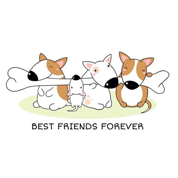 Best Friends Forever Four Cute Bull Terriers Bone Kawaii Style — Stock Vector