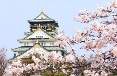 Osaka kalesi, Japonya, Osaka 'daki antik Japon kalesi. UNESCO dünya mirası bölgesi. Mavi gökyüzü arka planında