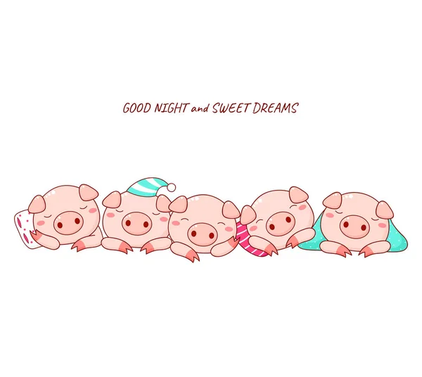Good Night Sweet Dreams Five Cute Sleeping Pigs Kawaii Style — Stock Vector