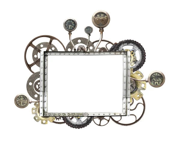 Metallic Square Frame Vintage Machine Gears Retro Cogwheel Isolated White — Stock Photo, Image