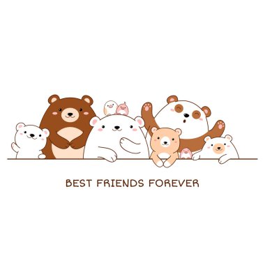 Sonsuza kadar en iyi arkadaş. Şirin hayvanlarla yatay sınır. Panda, ayı, Kawaii tarzında kutup ayısı. Beyaz arka planda izole edilmiş. Tişört, poster, baskı ve kart tasarımı için vektör çizimi. Bölüm 8