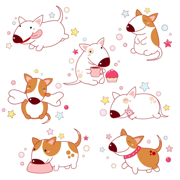 Set Cute Cartone Animato Bull Terrier Varie Pose Isolato Sfondo — Vettoriale Stock