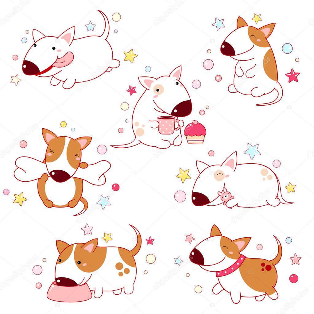 Set of cute cartoon bull terriers in various poses. Isolated on white background. Collection of funny happy dogs - running, eating, sitting, sleeping, with bone. Vector illustration EPS8