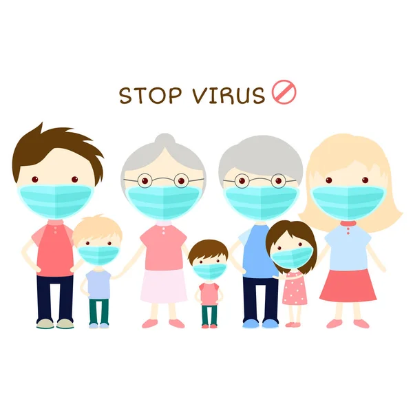 医療と病気の予防 家族はウイルスを防ぐために保護医療マスクを着用 お父さん お母さん 娘の息子 おばあちゃんとおじいちゃんは外科用マスクをしています 碑文停止ウイルス ベクトル エプス8 — ストックベクタ