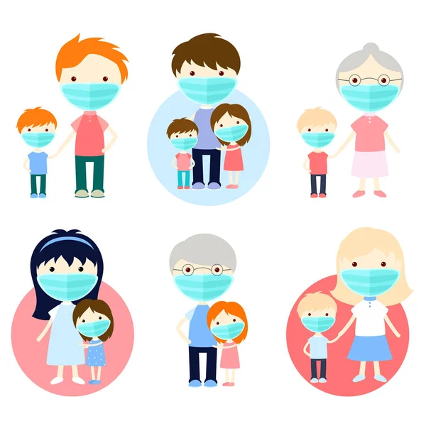 Healthcare Sickness Prevention Family Wearing Protective Medical Mask Prevent Virus — Stock Vector