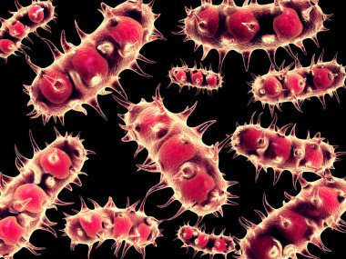 Virüs mikroskop altında. Hızlı çarpma bakteri. Enfeksiyon ve mikrop. Siyah arka plan üzerine izole. 3D render