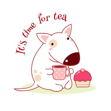 Pasta ve çay fincanı olan şirin karikatür köpekleri. Beyaz arka planda izole edilmiş. - Yazıtlar. - Çay zamanı. Vektör illüstrasyonu EPS8