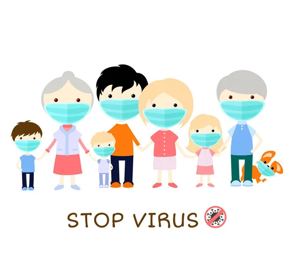 Healthcare Sickness Prevention Family Wearing Protective Medical Mask Prevent Virus — Stock Vector