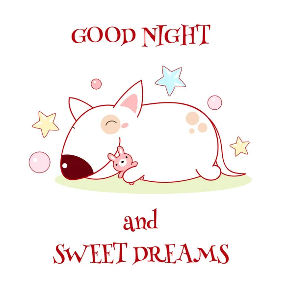 Good night and sweet dreams. Cute dog sleeping with a toy rabbit. Bull terrier puppy in kawaii style. Isolated on white background. Vector EPS8 illustration