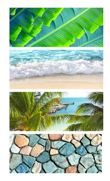 Cestovní Koncept Sada Horizontálních Bannerů Tropickými Prázdninovými Scénami Palmy Jachty — Stock fotografie