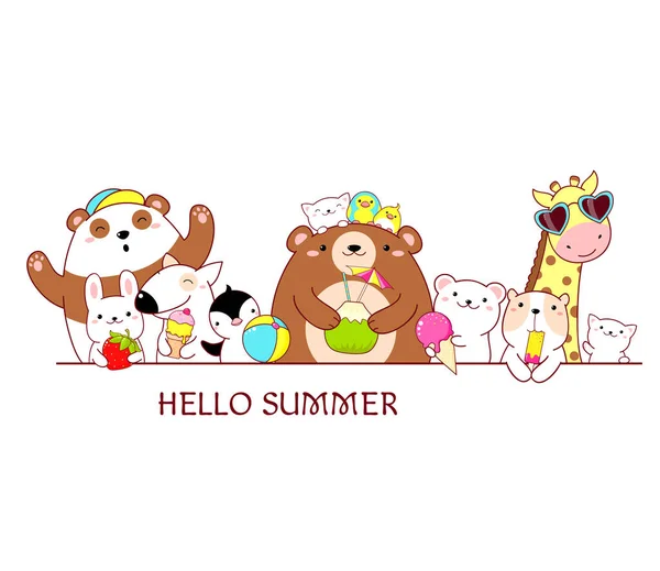 Witaj Summer Granica Pozioma Uroczymi Zwierzętami Stylu Kawajskim Panda Niedźwiedź — Wektor stockowy
