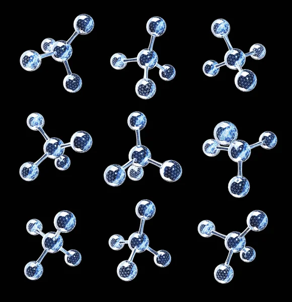 Coleção Modelos Estrutura Molecular Abstrata Vista Ângulos Diferentes Isolado Fundo — Fotografia de Stock