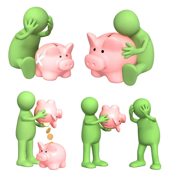 Set Green Mans Piggy Bank Two Puppets Empty Coinbox One — Stock Photo, Image