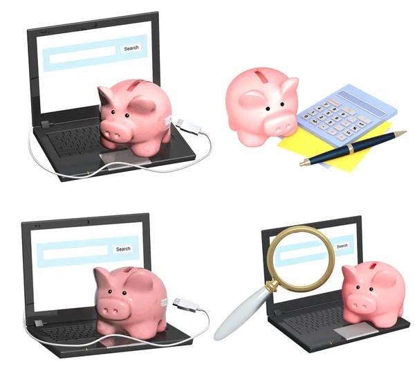 Electronic bank account. Piggy bank and laptop. Money transfer to e-wallet, financial savings and online payment, safe and easy e-payments. Objects isolated on white background. 3d render