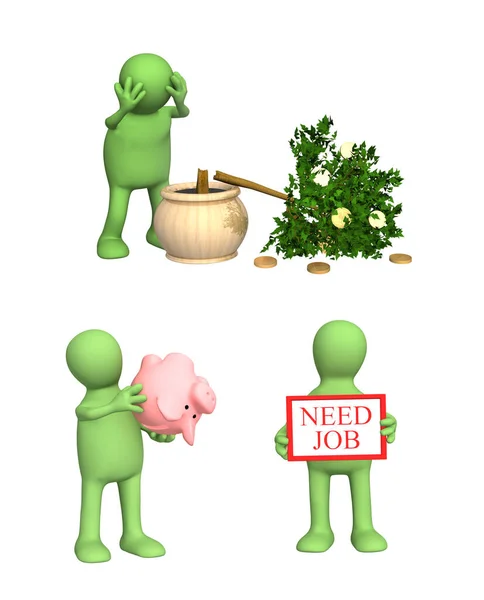 社会不況の概念 金融危機のシンボルのセット 仕事を探している3D男 空の貯金箱と壊れたお金の木を持つ緑の人形 白い背景に隔離されている 3Dレンダリング — ストック写真