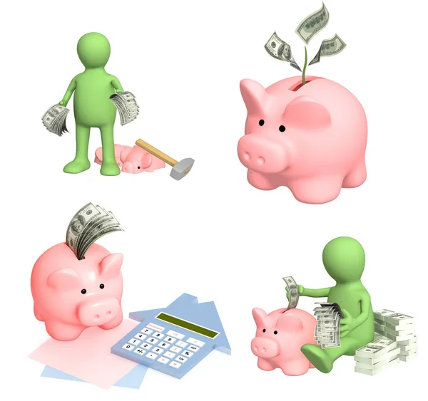Saving money concept. Green 3d puppet, broken a hammer a piggy bank, man who is saving money in piggy bank, coinbox with dollar banknotes. Isolated on white background. 3d render