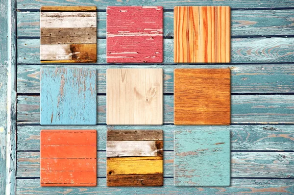 Vintage Wooden Memo Board Nine Square Elements Red Blue Brown — Stock Photo, Image