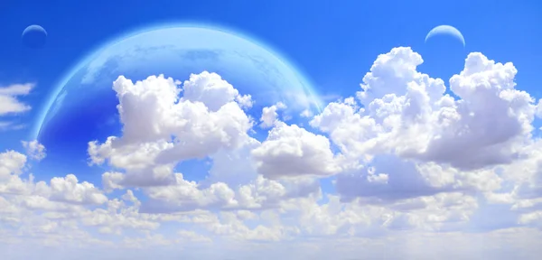 Banner Horizontal Con Fantástico Cielo Azul Nubes Blancas Tres Planetas —  Fotos de Stock