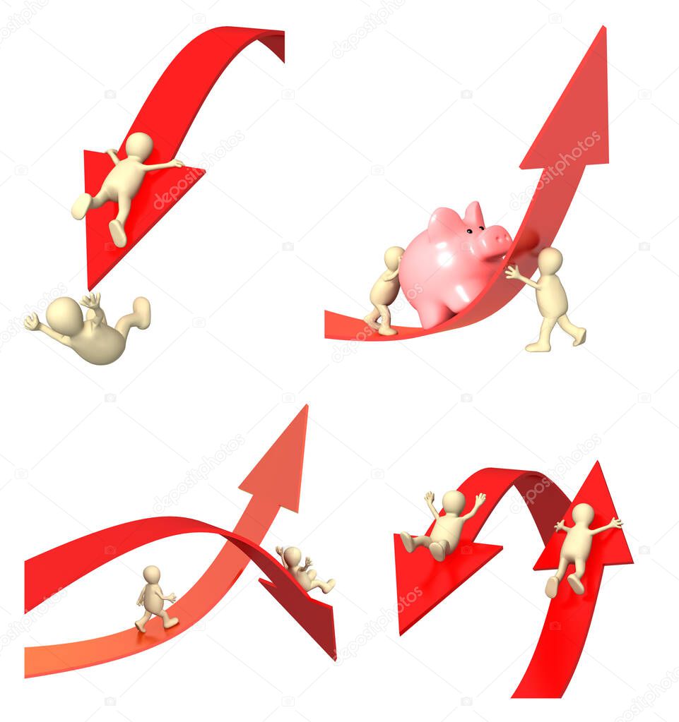 Economic and social recession concept. Set of financial crisis symbols. 3d mans with piggy bank on arrow, people falling from the red arrows. Isolated on white background. 3d render