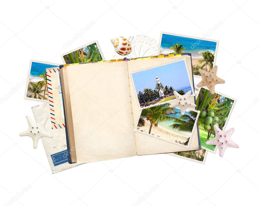Travel concept. Opened book with empty pages, vintage photos, retro postcard, label, starfish and shell. On white background. Mock up template. Copy space for text