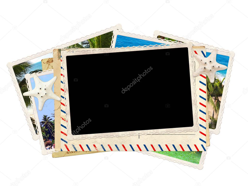 Vintage photos, starfish, retro envelope and postcards. Isolated on white background. Travel concept. Mock up template. Copy space for text