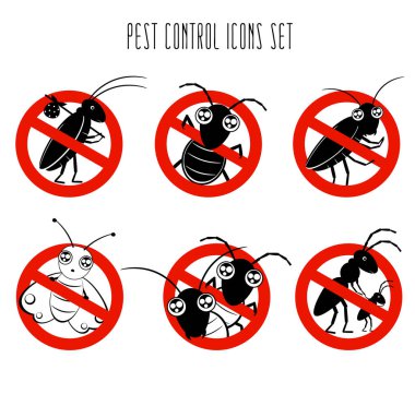 Baş belaları konseptini durdur. Böcek kontrol ikonları ayarlandı. Kawaii tarzında komik çizgi film böcekleriyle bilgilendirme ve kurumsal temizlik ve bakım için tabela koleksiyonu. Vektör illüstrasyonu EPS8