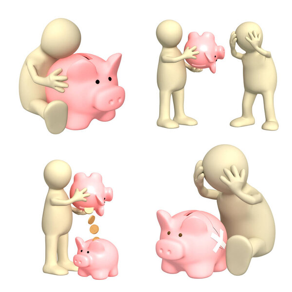 Set of 3d mans with piggy bank. Two puppets with empty coinbox, one person with broken piggy bank. Isolated on white background. 3d render